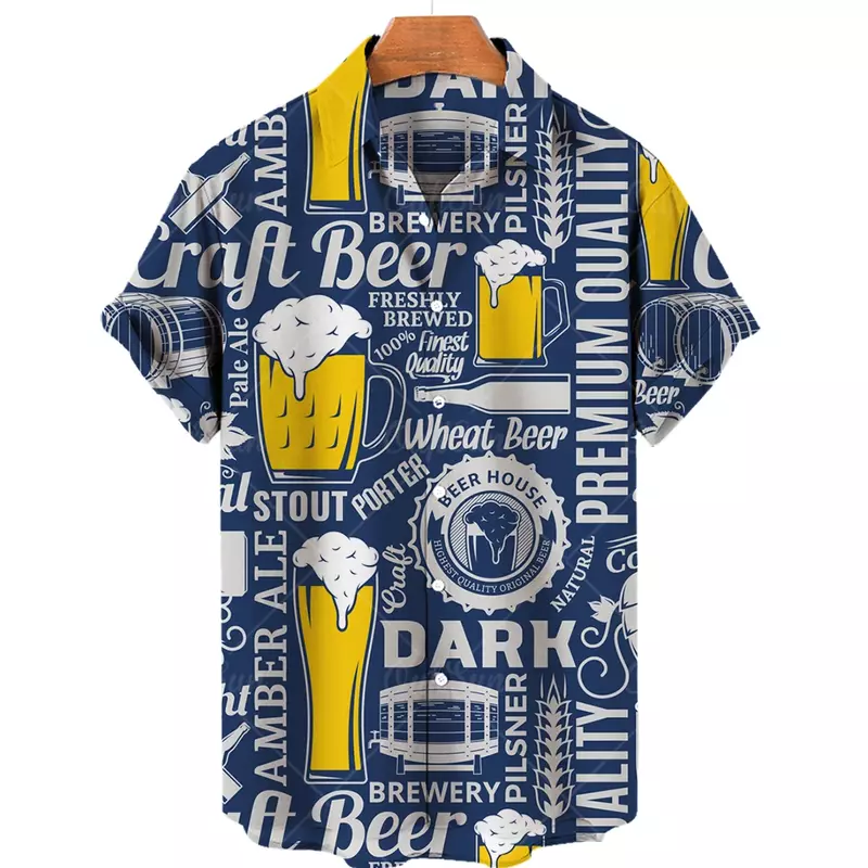Beer Festival Harajuku Shirts For Men 3D Print Short Sleeve Tees Summer Hawaiian Beach Style Single-Breasted Tops Lapel Shirts