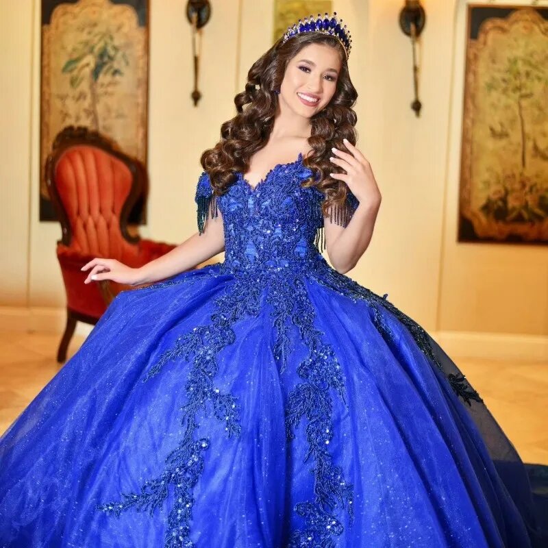 Robe de Princesse Quinceanera Bleu Royal, Tenue de Bal, avec des Appliques Perlées, Douce, 16, 15 Ans, Mexicaine