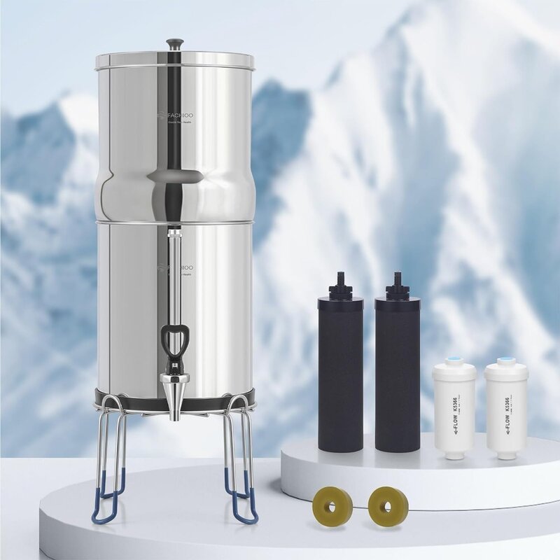 Gravity-Fed Water Filter System, NSF/ANSI 42&372 Standard, 2.25G Stainless-Steel Countertop System with 2 Black Elements