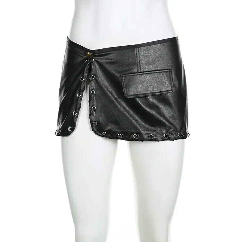 Punk Faux Leather One Piece Mini Skirts Cyber Y2k Gothic Low Waist Split Sexy Skirt Grunge Women A-line Bandage Bottom