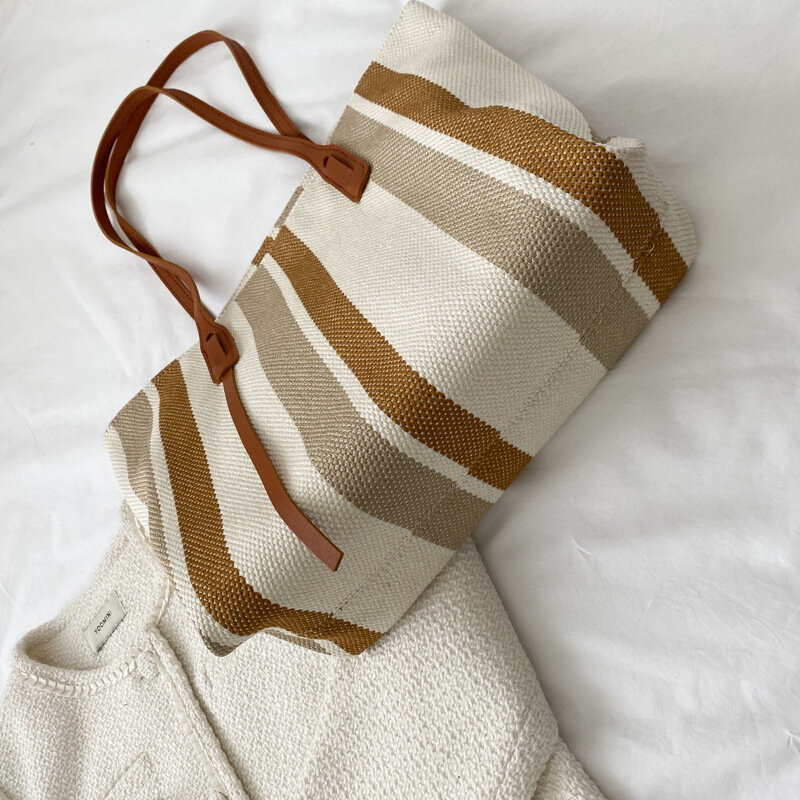Rafia-Bolso de mano de lona para mujer, bandolera de hombro de diseñador a rayas, informal, de almacenamiento, 2023