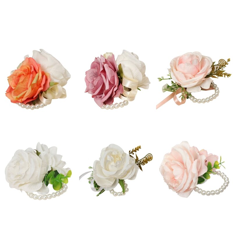 Artificial Rose Wrist Corsage Wristband with Greenery Leaves Wedding Pearls Wristlet Hand Flowers for Women Bride Bridesmaid