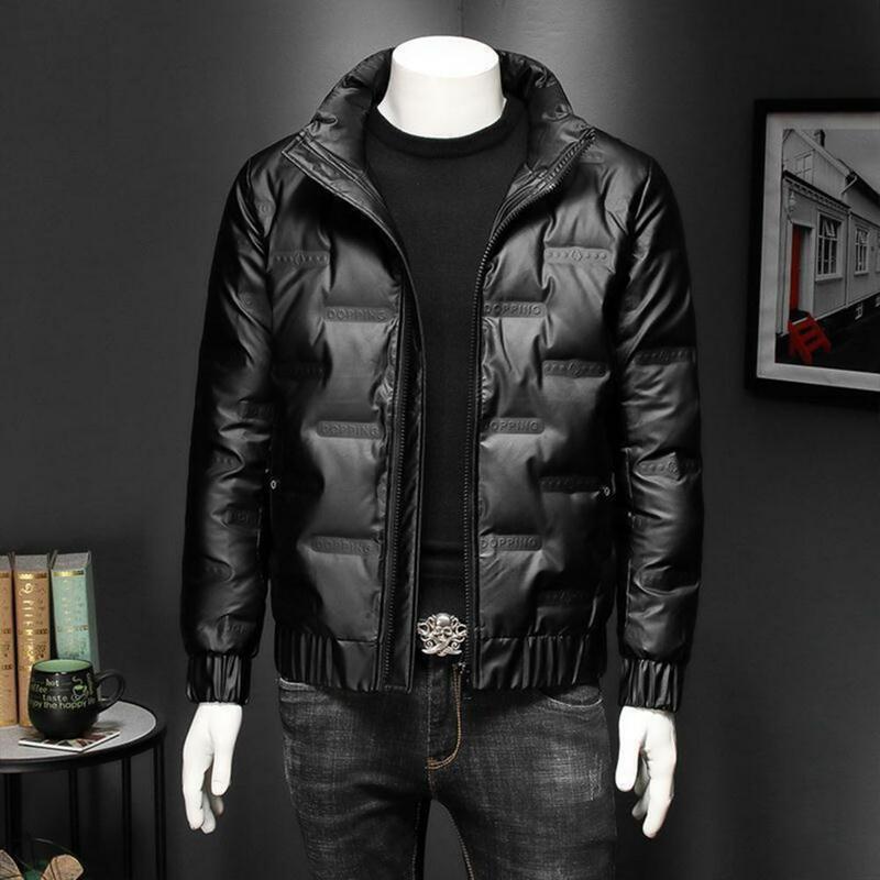 Jaqueta de algodão masculina, manga comprida, casaco de gola alta, zíper algemado, casual, brilhante, quente, casaco curto masculino, outono, inverno