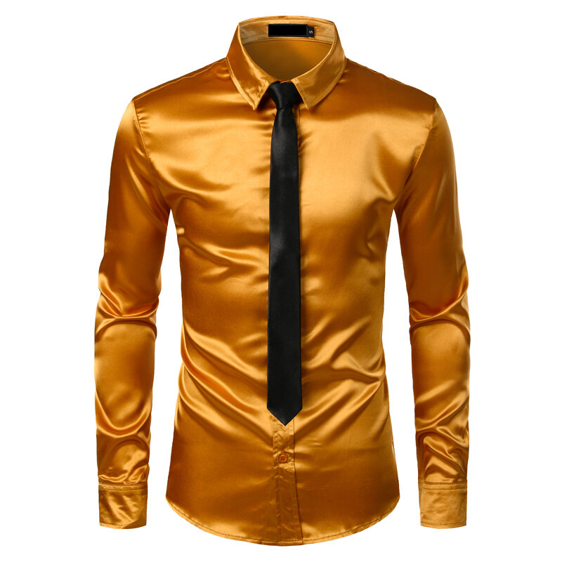 Серебряная шелковая рубашка + галстук, набор, мужские атласные гладкие смокинги, повседневные мужские рубашки на пуговицах, рубашки для свадебной вечеринки, выпускного вечера, Chemise Homme