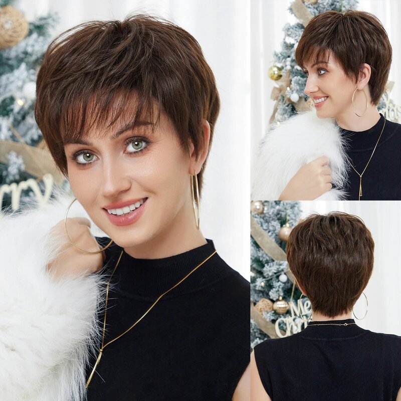 Krótkie fryzura Pixie ludzkie włosy mieszają peruki z grzywką ciemnobrązowe naturalne warstwowe peruki z ludzkich włosów peruki syntetyczne dla kobiet