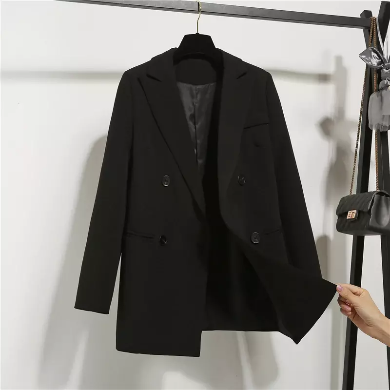 Chaqueta de manga larga para mujer, chaqueta de estudiante con doble botonadura, informal, holgada, negra, ropa de trabajo, Otoño, nueva moda