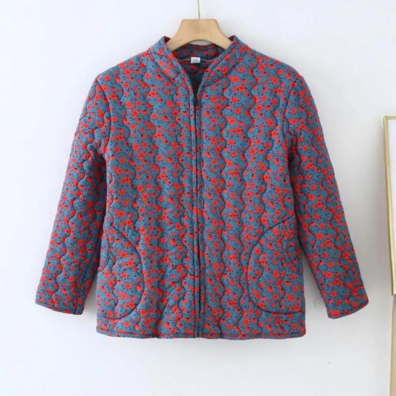 Women Coat Ethnic Style Flower Printed Middle-aged Woman's Coat With Turn-down Collar Zipper Cardigan For Autumn Winter Outwear