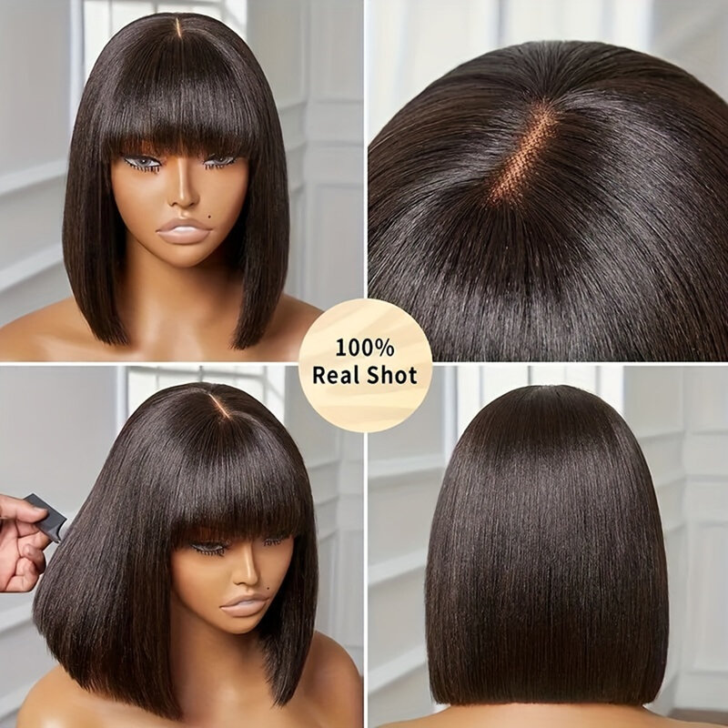 3x1 HD krótki Bob frędzle Bang peruka z ludzkich włosów koronkowa sztuczna 180 densityscap brazylijska peruka z grzywką dziewica dla czarnych kobiet