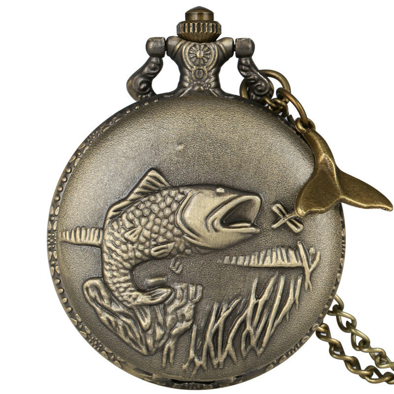 Relógio de bolso de quartzo completo Hunter para homens e mulheres, Steampunk Fish Design, colar camisola pingente corrente cauda de peixe, relógio número árabe