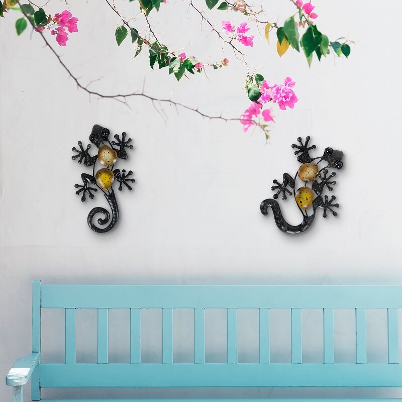 2 pçs metal gecko decoração de parede para casa decoração ao ar livre animais estátuas acessórios esculturas jardin irmão
