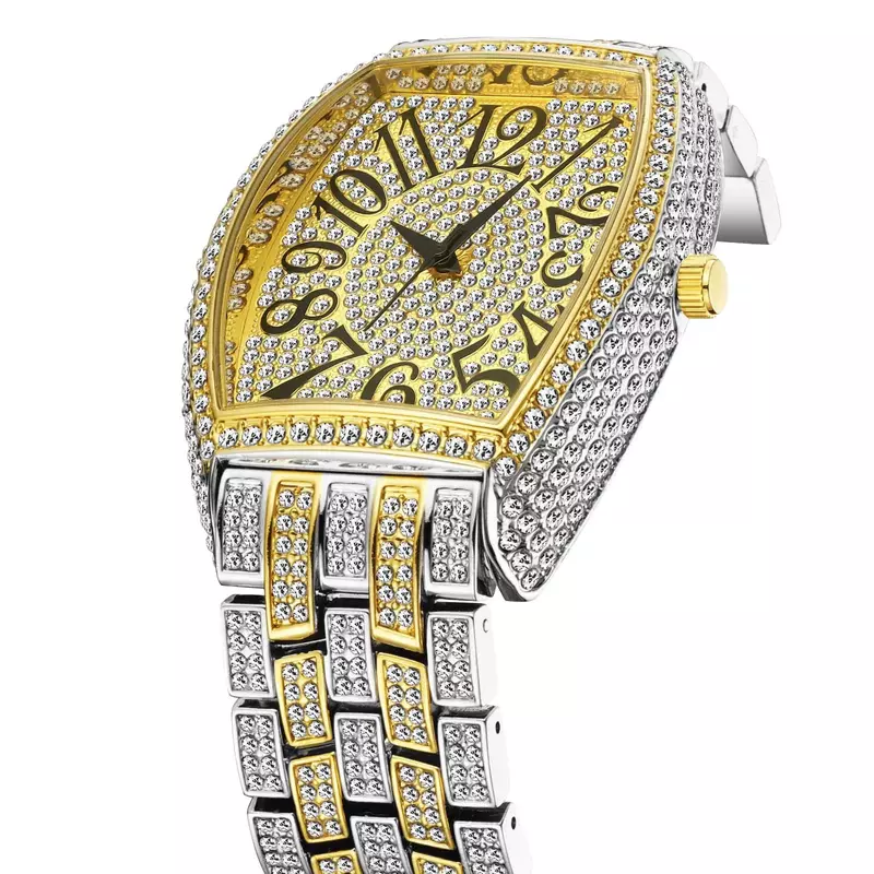 Iced Out zegarek dla mężczyzn srebrny ze stali nierdzewnej mężczyzna zegarka Hip Hop kwarcowy zegarek klasyczny Tonneau pełny diamentowy zegarek człowiek zegar