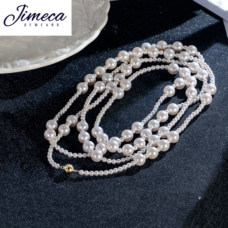 Collares de perlas con hebilla plateada para mujer, cadena de cuentas redondas de perlas hechas a mano, varias formas de uso de joyería, 1,6 m de largo