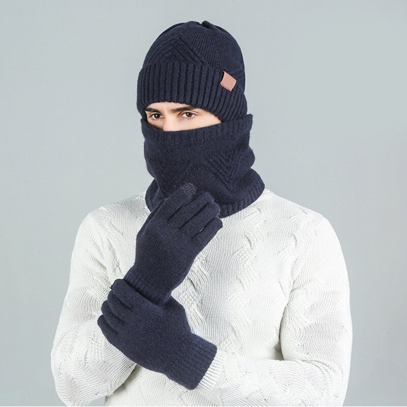 Gorro invierno Unisex, bufanda para pantalla táctil, conjunto guantes para punto a rayas triangulares, gorro calavera 3