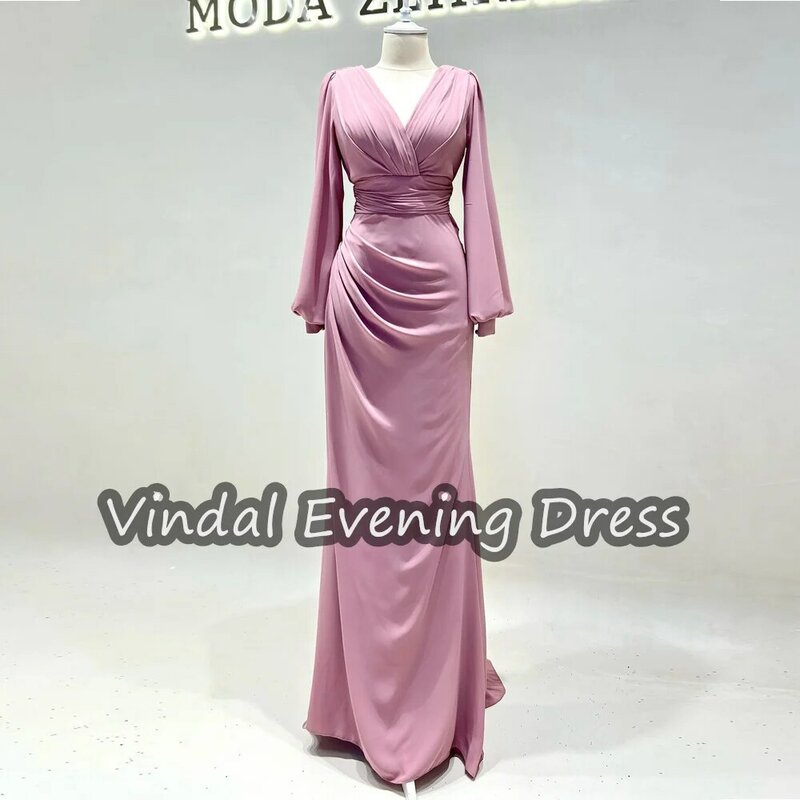 Vindal V-neck Evening Dress Floor Length Mermaid Elegant Ruffle Crepe Built-in Bra Saudi Arabia Long Sleeves For Woman 2024