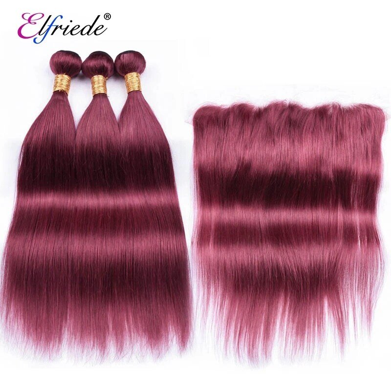 ElfriEZE-Pacotes de cabelo reto Borgonha com renda frontal, 100% cabelo humano, tramas de costura, 3 pacotes, 13x4, # 99J
