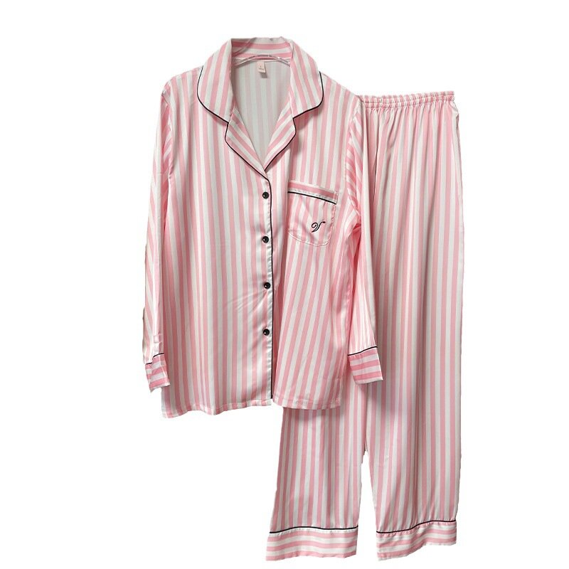 Conjuntos de pijamas listrados de manga comprida feminino, pijamas de cetim seda falsa, 2 peças Homewear, estampa, primavera, outono