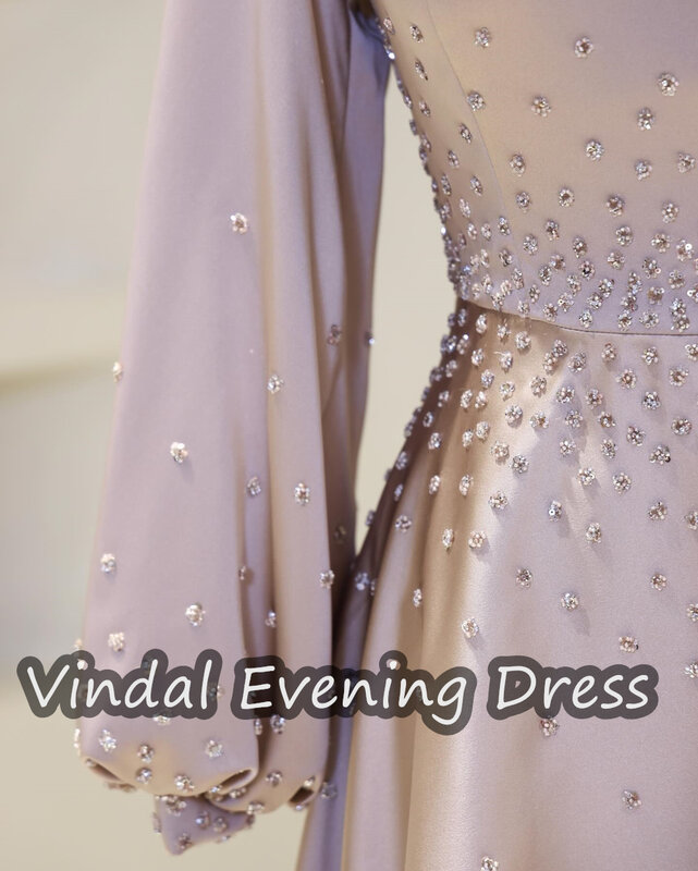 Vindal Ruffle Scoop Necklin Ankle panjang A-Line gaun malam elegan Built-in Bra Arab Saudi lengan panjang Satin untuk wanita