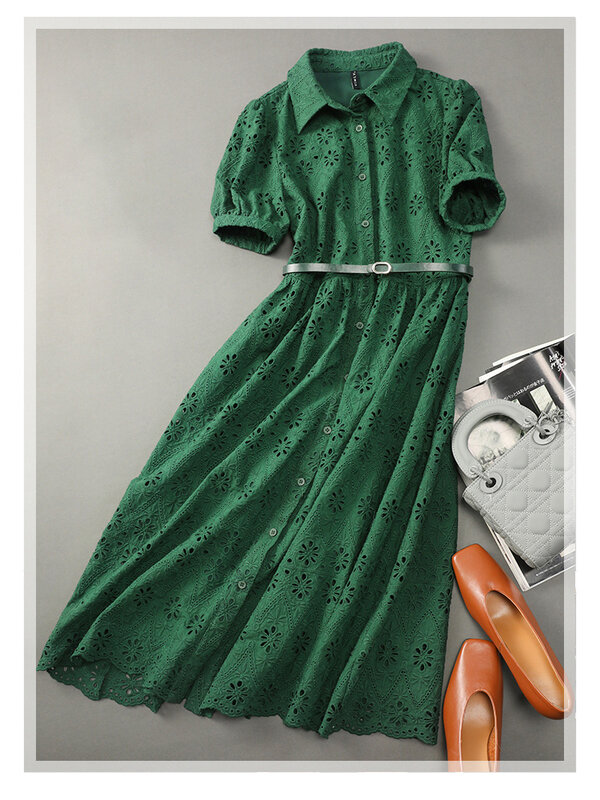 Vimly 100% Cotton Green Summer Shirt Dress for Women 2023 Short Sleeve Slim Belt Hollow Out Embroidery A Line Lady Midi Dresses