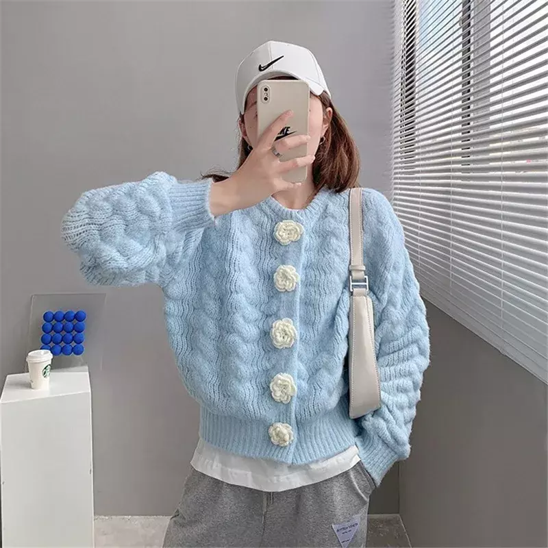 Flower Design Sweet Knitted Sweaters Japan Style Women V-Neck Short Cardigans Thick Warm Loose Casual Autumn Winter Coats Tops