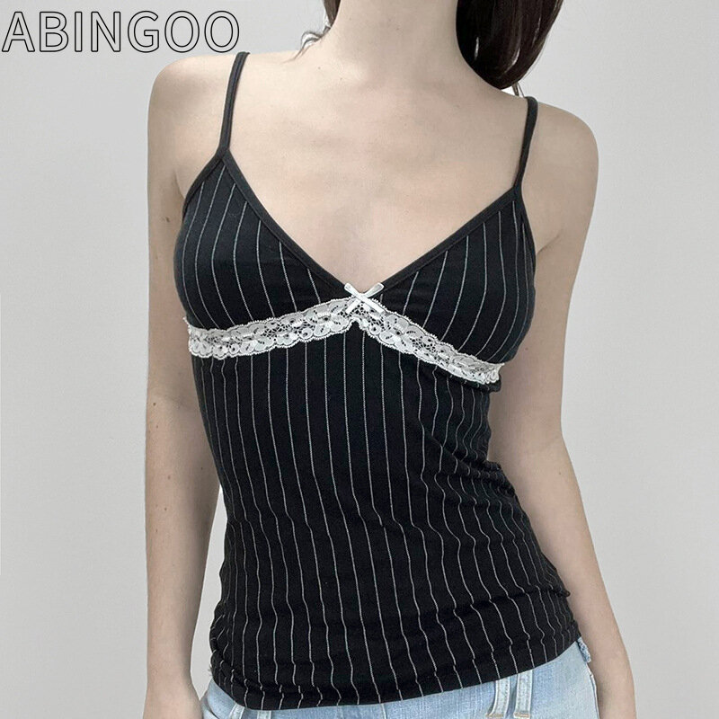 ABINGOO-Sexy Slim Camis listrado feminino, Ladies' Camis, patchwork de renda, profundo decote em v, sem mangas, espartilho Tops, streetwear Y2K, moda