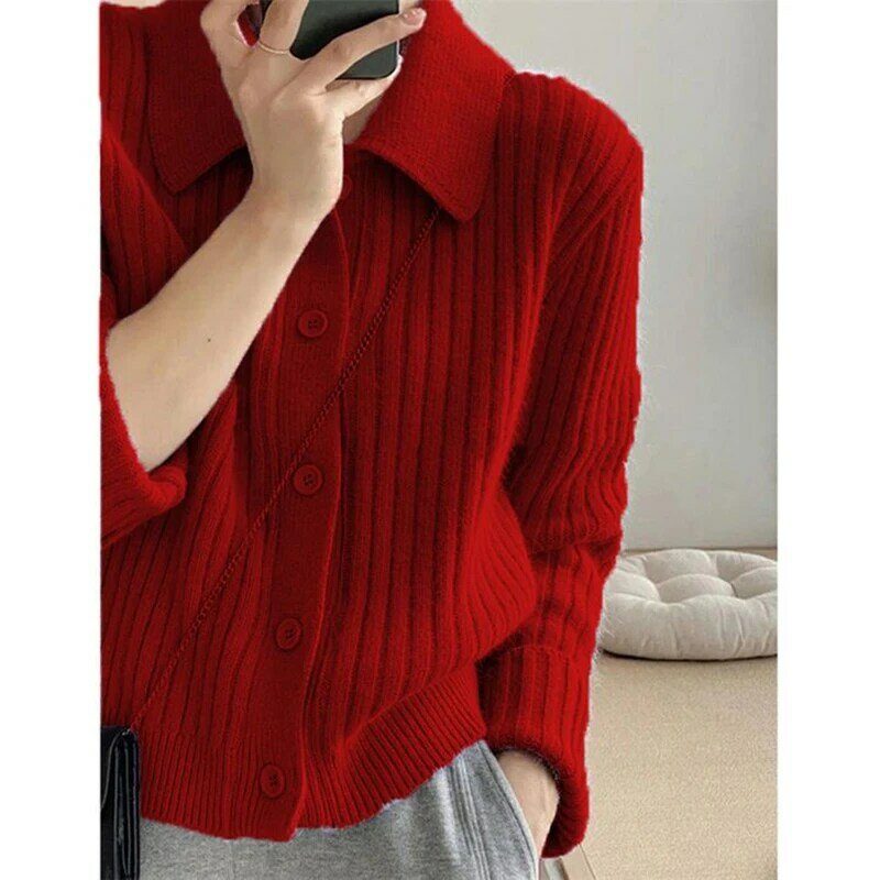 Rimocy Turn Down Knit Cardigan Women Autumn Winter Button Up Solid Color Sweater Coats Woman Long Sleeve Soft Cardigans Ladies