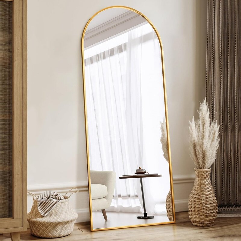 Antok Floor Mirror, 64"x21" Full Length Mirror with Stand, Arched Wall Mirror, Glassless Mirror Full Length, Gold Floor Mirror