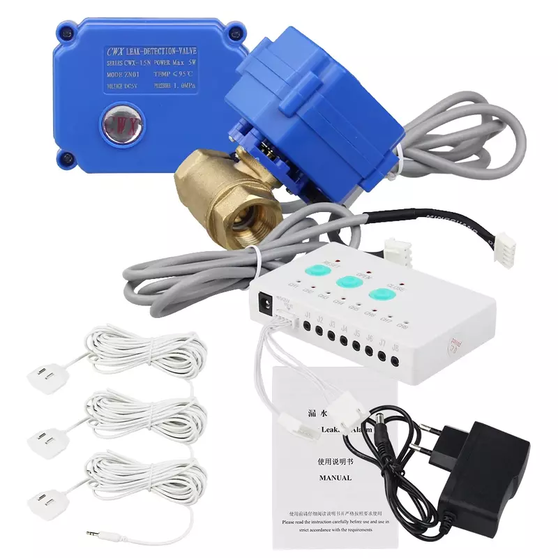 Water Leak Sensor Detector Alarm System with Automatic Shut-off Valve and 2 Detection Sensors to Prevent Flooding