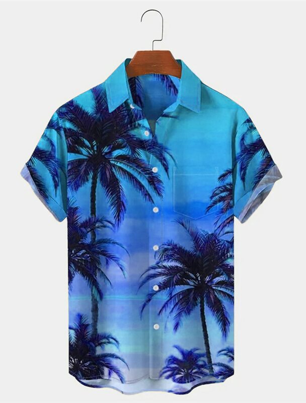 Camisa havaiana masculina com estampas gráficas, Palmeira, manga curta, abotoar, Roupa de rua, verão, cama de cama
