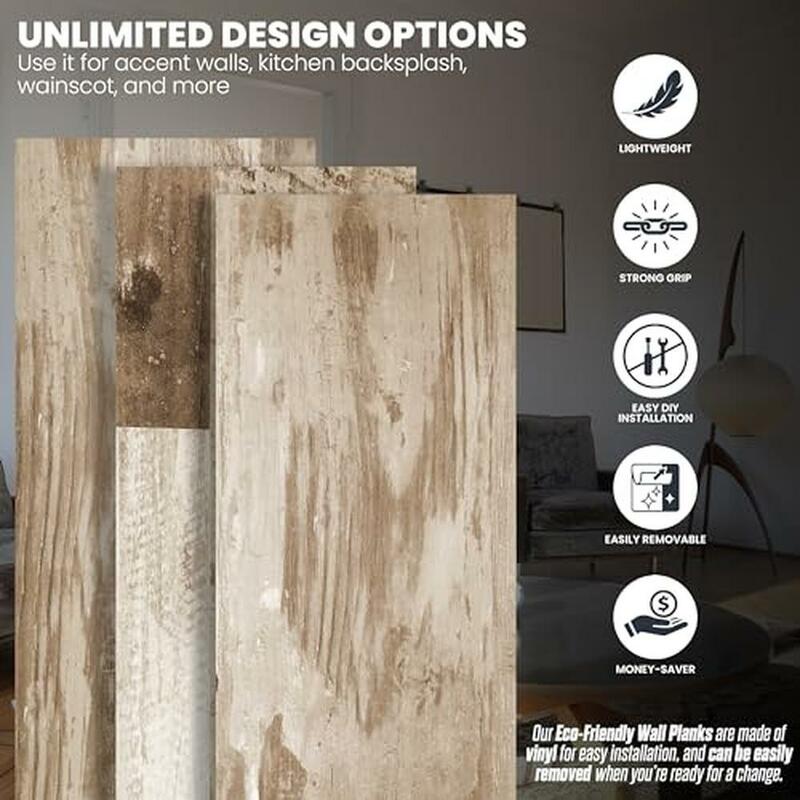 Peel Stick Accent Wall Planks, fácil instalação, olhar de madeira real, removível, adesivo forte, peso leve, DIY Beautiful Home