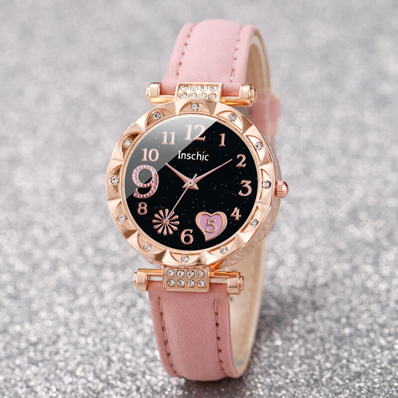 2 pcs/set Fashion wanita tali kulit cinta hati kuarsa jam tangan & gelang kristal