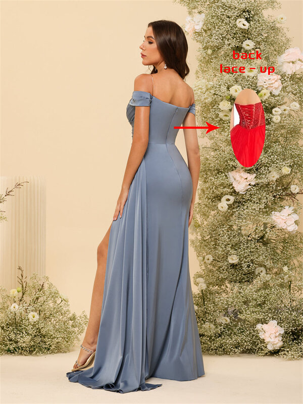Elegant Satin Off-the-shoulder Bridesmaid Dresses High Slit Backless Sleeveless Zipper Pleated Mermaid Corset Formal Party Gowns