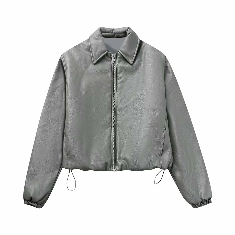 Jaqueta voadora de couro falso para mulheres, manga longa vintage, zíper, outerwear feminino, camiseta chique, moda de cordão, nova