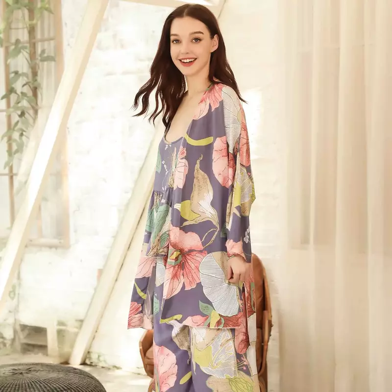 2023 setelan piyama tipis longgar wanita penjualan laris kardigan + celana + elegan motif bunga gaya segar 3 potong pakaian rumah seksi