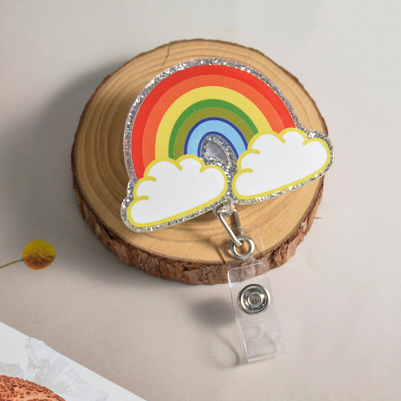 Rainbow Retractable Badge Reel with Alligator Clip Cute Acrylic ID Card Badge Holder Funny Glitter Badge Reels for Worker Nurse