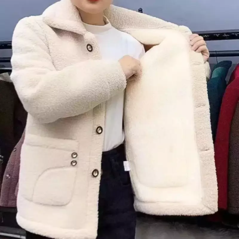 여성용 벨벳 두꺼운 양털 긴팔 코트, 중간 길이 코트, 따뜻한 코트, 가을 및 겨울