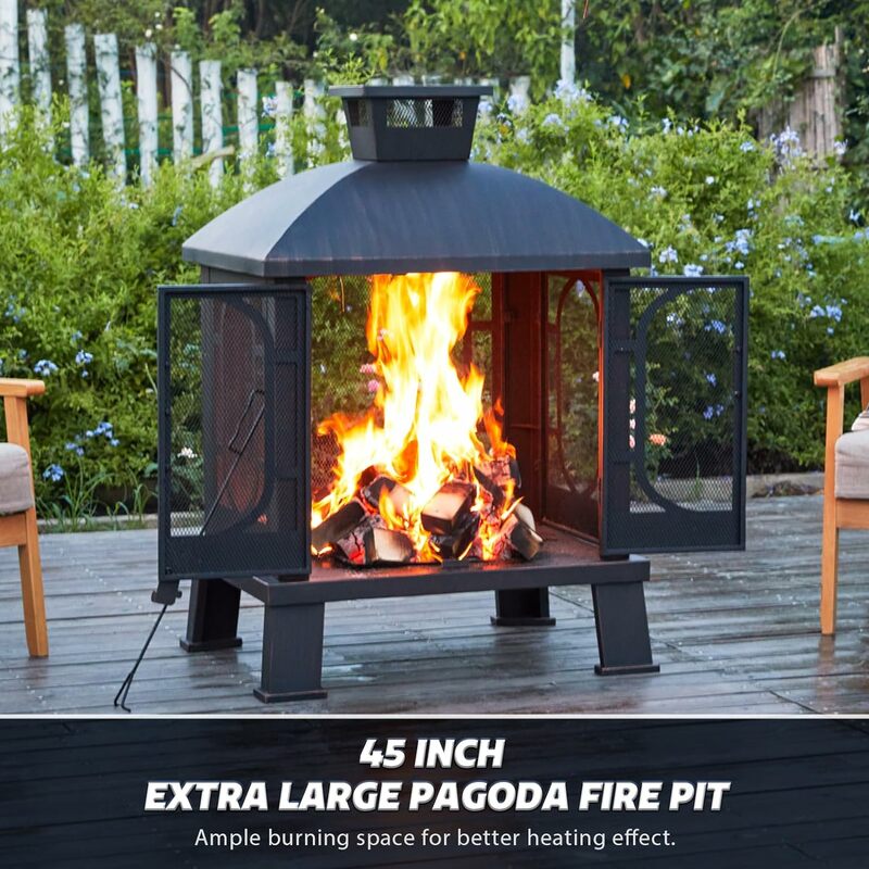 Pagode Wood Burning Chimney Fire Pit com Grill Grelha, Exterior Jardim Backyard BBQ Bonfire, 45"