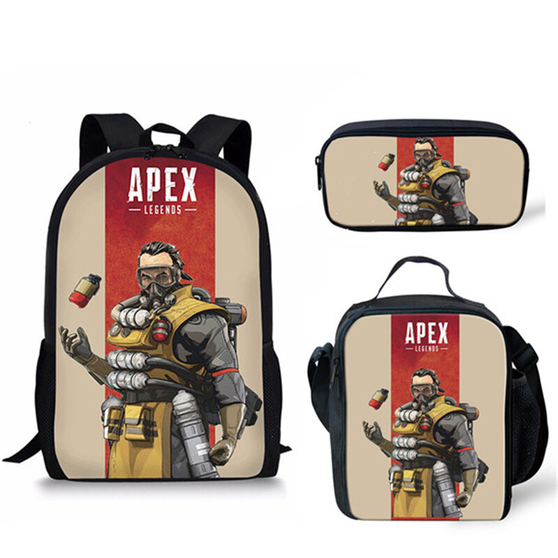 APEX 3D Print Pupil School Bags, mochila para laptop, mochila, bolsa de ombro inclinado, estojo de lápis, novidade clássica, 3pcs por conjunto