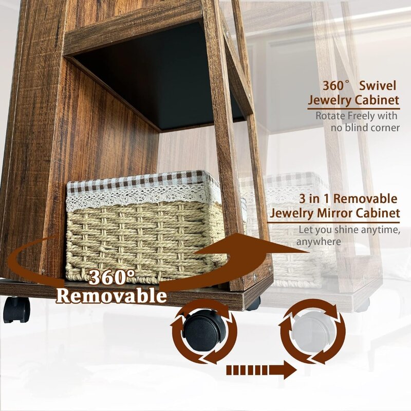 Full Length Spiegel Grote Capaciteit Sieraden Organizer Kast 360 ° Roterende 64 ''Sieraden Kast Met 6 Leds Garderobe Slaapkamer