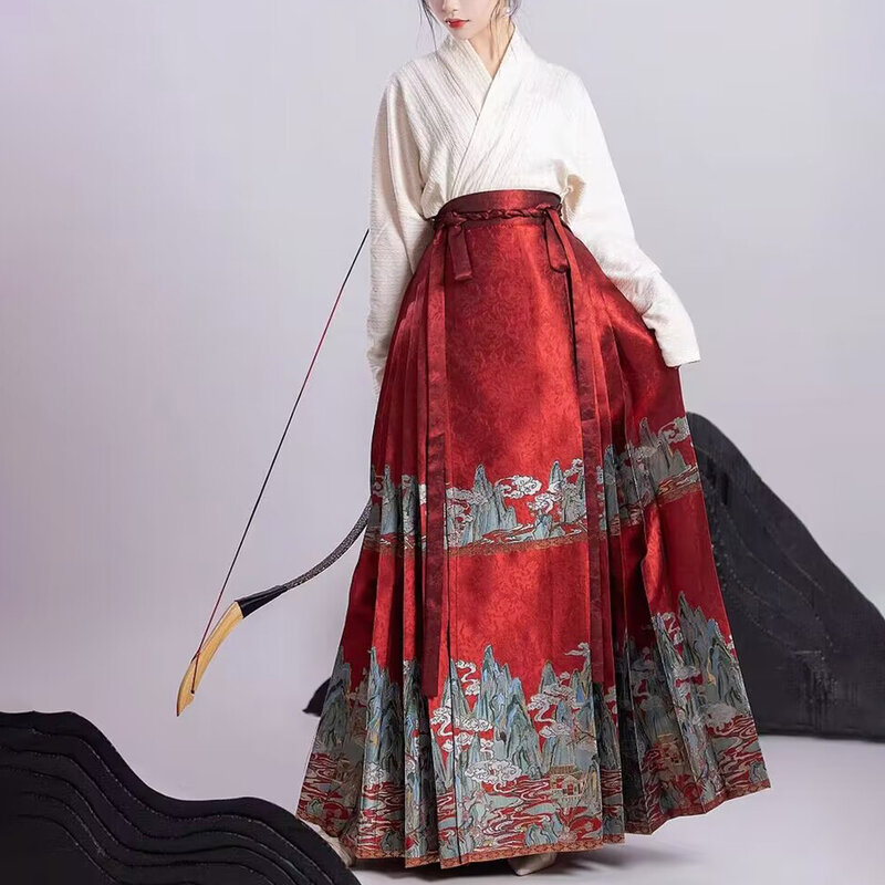 Vestido de poliéster tradicional para mulheres, saia de festas, saia de cavalo, cardigã preto, estilo chinês, universal