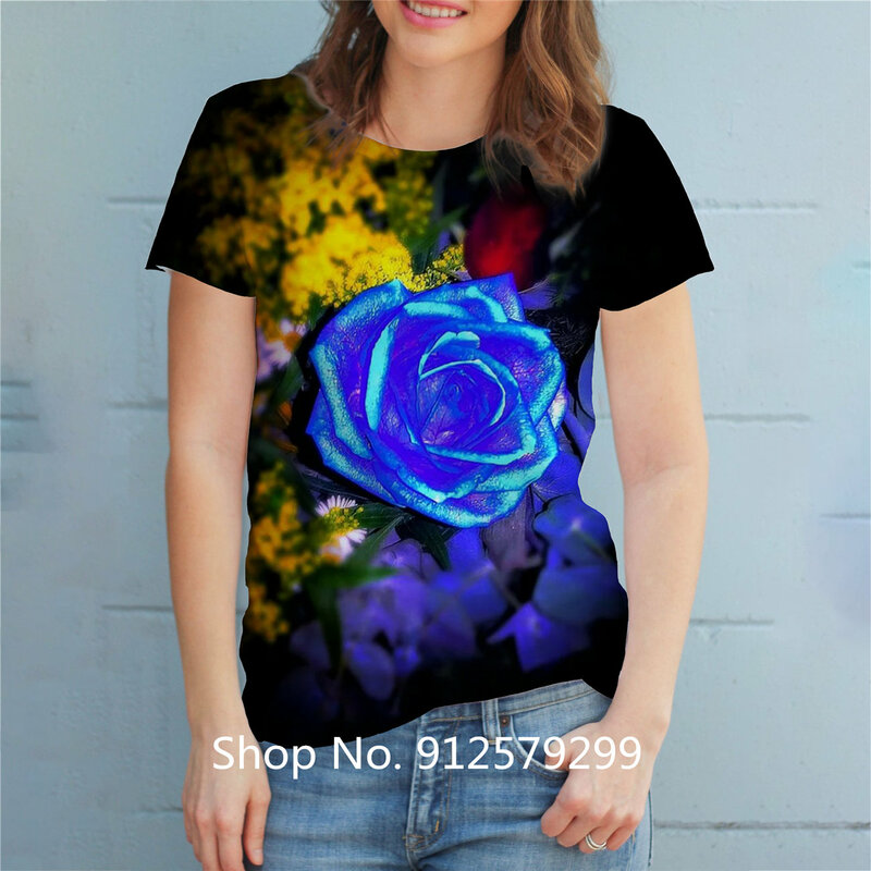 Women's Fashion Flower T-shirt 3D Printing T-shirt Short-sleeved T-shirt Casual Round Neck Slim Top