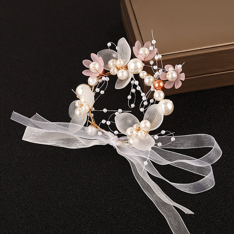 Pérola cristal pulso flor corsage pulseira, dama de honra mão flor decoração, casamento nupcial baile acessórios, crianças, 1pc