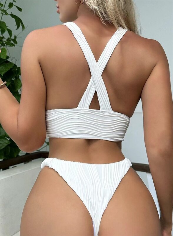 2 Piece White Women's Swimsuit Underwear+Top Bra Summer Bikini Beach Holiday Sexy Casual Cross Back Daily Hot Girl Streetwear