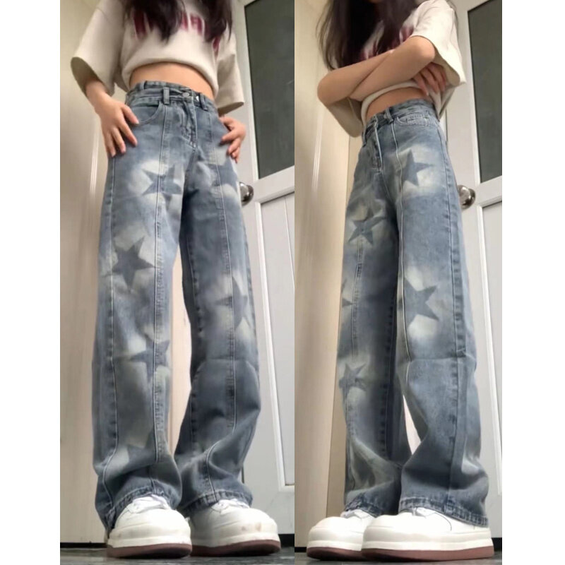 American Hiphop High-waisted Straight Jeans Women's Spring And Autumn High Street New Design Star Wide Leg Denim Pants Trend