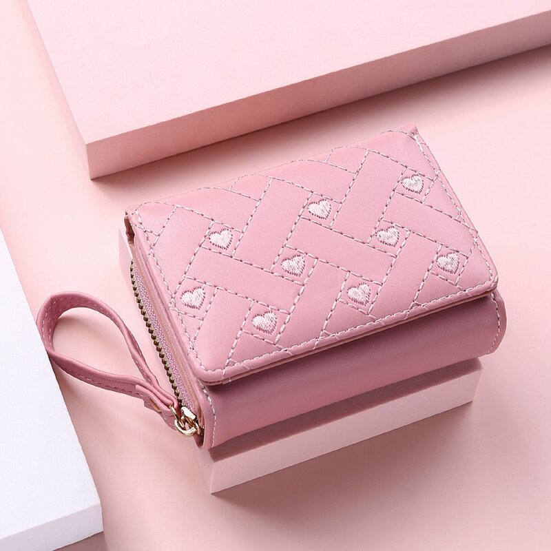 Pu Leather Short Wallets Trifold Card Case Multi Cards Position Candy Colors Women Fashion Embroidery Love Zipper Coin Purses