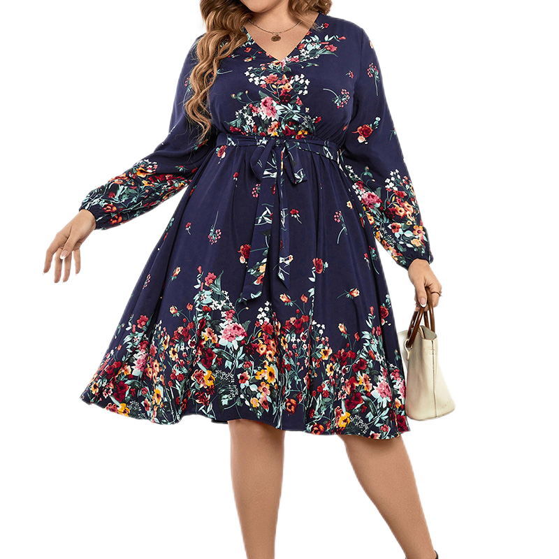 Женское Платье До Колена, элегантное платье темно-синего цвета с V-образным вырезом, оборками и принтом разбитых цветов, осень