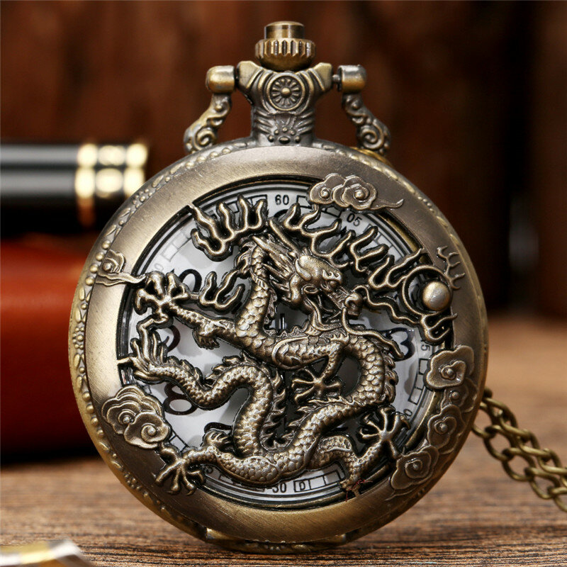 Bronze aushöhlen chinesische zwölf Tierkreis Design Tier Quarz Taschenuhr für Männer Frauen mit Halskette Kette Geschenk reloj