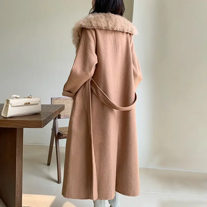 Женское шерстяное пальто с воротником из натурального Лисьего меха