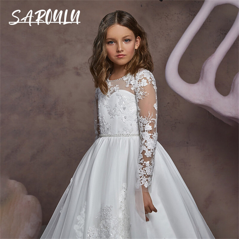 Long Sleeve Lace A Line Flower Girl Dress With Floral Appliques Glitter O Neck Children Formal Dresses High Quality