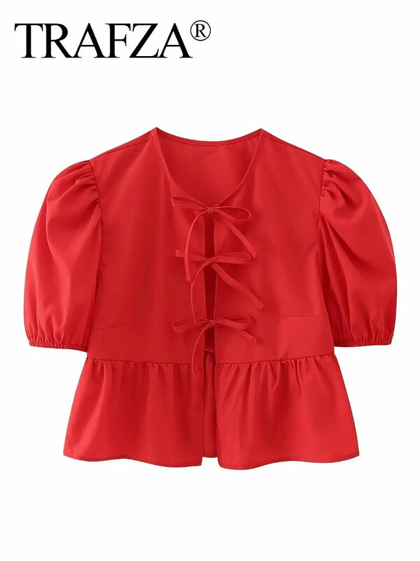 TRAFZA Women Sweet Pleats Puff Sleeve Bow Tied Lace Up Tierred Smock Blouse Office Lady Shirt Chic Chemise Blusas Tops
