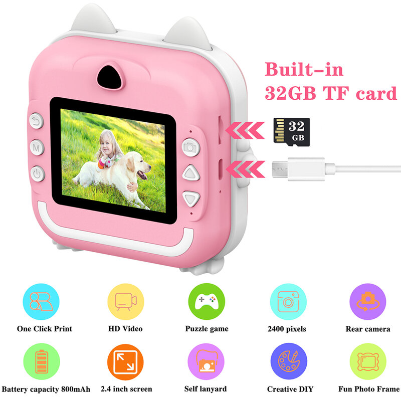 Mini appareil photo numérique à impression instantanée pour enfants, appareil photo pour enfants avec papier d'impression zéro encre, carte TF 32 Go, jouets cadeaux
